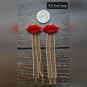Valentine statement designee hot red lips rhinestones long dangle gold earrings